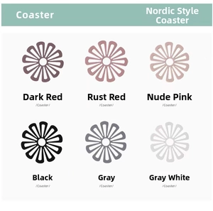 Macro view of Nordic style flower-shaped coasters in six various colors with hollow design