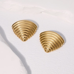 18K gold-plated stainless steel triangle stud earrings with textured ridges for women