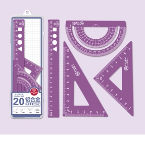 Detail of purple 4-piece aluminum alloy ruler set including 20cm scale and protractor