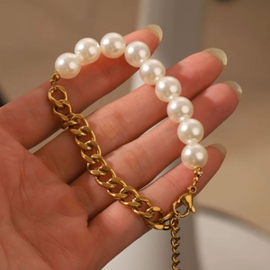 18K gold plated stainless steel Cuban chain and white pearl strand bracelet for women