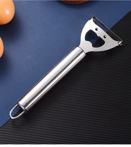 Detail of 2-in-1 stainless steel fruit peeler with built-in bottle opener handle