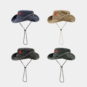 Outdoor Bucket Hat Washed Cotton Maple Leaf Embroidery Adjustable Drawstring Wide Brim Sun Protection Hiking Fishing Men Women