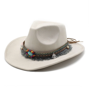 Cream western wool fedora with bohemian beaded band and turquoise stone detail