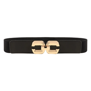 Women's black elastic waist belt featuring a polished gold interlocking geometric buckle