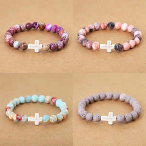 Natural Volcanic Lava Stone Beaded Bracelet With Shell Cross Pendant Handmade Religious Healing Energy Jewelry For Men Women