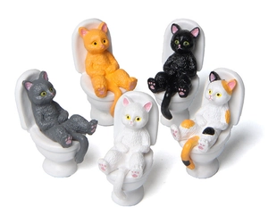 Set of five cartoon cat figurines sitting on toilets for miniature desktop landscape decor
