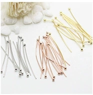 Detailed display of jewelry DIY ball head pins in silver, gold, and rose gold finishes