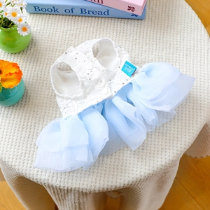 Detailed view of dog dress with white lace sequins and blue multi-layer tulle skirt