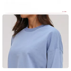 Close-up of light blue crewneck sweatshirt featuring drop shoulder design and ribbed collar