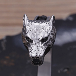 Macro view of vintage wolf head steel bracelet with realistic hair texture and silver finish