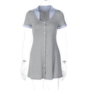 Detailed close-up of grey short-sleeve dress with blue striped collar and button detail