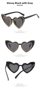 Three-angle views of heart-shaped sunglasses with black frames and sparkling rhinestones