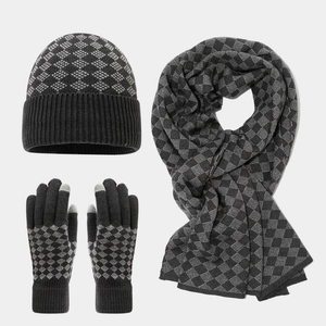 Detailed knit texture and touchscreen fingertips of the winter hat scarf glove set