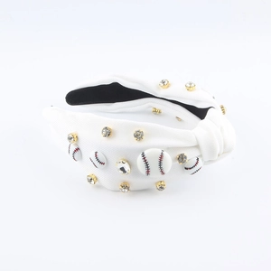 Serre-tête baroque en tissu blanc avec motifs de baseball et strass brillants pour femmes