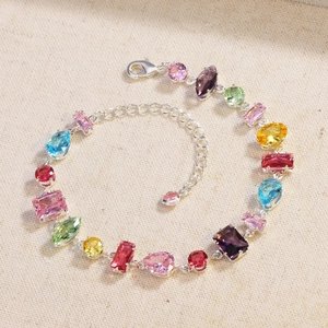 Buntes Zirkon-Edelsteinarmband mit verstellbarer silberner Kette und Karabinerverschluss
