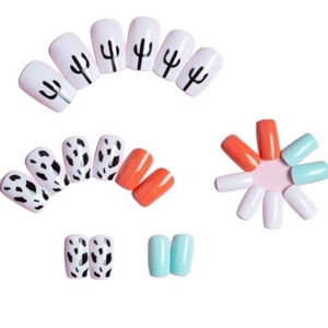 24pcs press-on nails featuring cow patterns, cactus prints, and vibrant solid colors