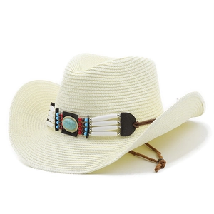 Bohemian woven straw cowboy hat in cream white featuring turquoise ethnic beads and wind rope