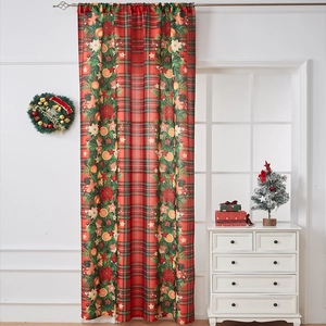Christmas blackout curtain with red plaid design and festive wreath print for home decor