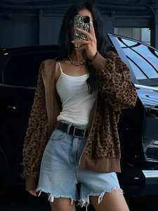 Women Leopard Print Hoodie Jacket Corduroy Texture Zipper Oversized Loose Long Sleeve Casual Streetwear Outerwear