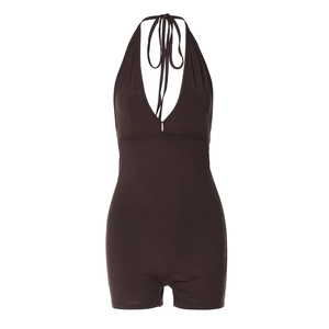Sexy backless halter neck romper in dark coffee brown with deep V-neck and ruched details