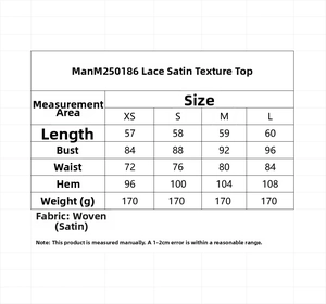 Tableau des tailles détaillé pour haut en satin avec mesures de XS à L en centimètres