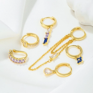 6-piece gold S925 silver needle earring set with colorful zircons and chain tassels