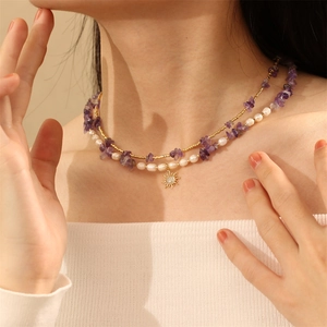 Freshwater Pearl Purple Natural Stone Double Layer Necklace Gold Sun Pendant Rhinestone Inlaid Bohemian Style Women Jewelry