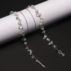 Detail of silver chain with opal beads and white silicone non-slip eyeglass loops