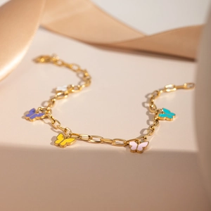 Fashionable 16k gold stainless steel anklet with colorful enamel butterfly pendants