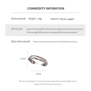 Detailed size chart showing twisted zircon ring dimensions of 2.3cm height and width
