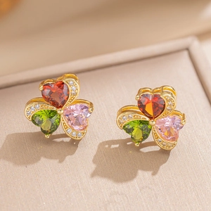 Luxury gold clover earrings with colorful heart stones and micro-pave crystals