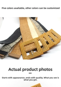 Detail of five assorted straw woven elastic belts with square buckle textures for women