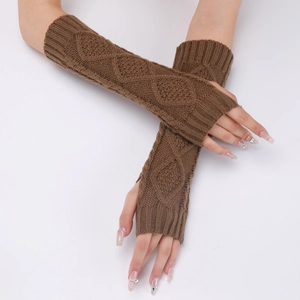 Detail view of brown knit arm sleeves with diamond and cable patterns on white backdrop
