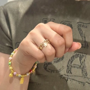 French vintage gold star zircon open ring with colorful beaded charm bracelet set
