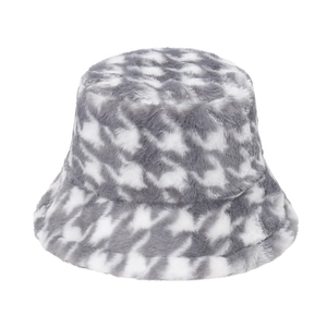 Winter plush bucket hat featuring grey and white houndstooth pattern for warm outdoor wear