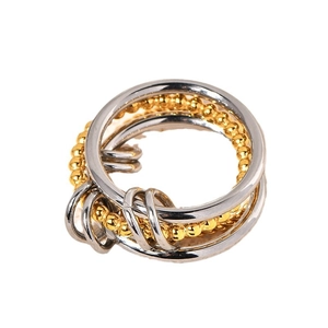 Multi-layer interlocking ring with silver polished bands and golden beaded chain detail