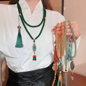 Ethnic Retro Glass Beaded Long Necklace Waist Chain Alloy Enamel Pendant Tassel Traditional Jewelry Women