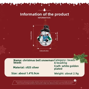Detailed size view of an S925 sterling silver snowman charm with enamel for bracelets