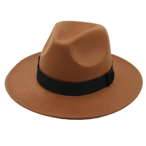 Classic brown wool fedora hat with black ribbon band on a minimalist white background