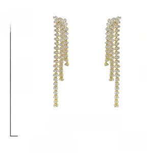 Detail view of long tassel earrings with marquise rhinestones and S925 silver needles
