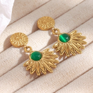 Detailed close-up of 18K gold plated earrings featuring green agate stones and sunburst design