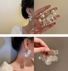 Detail shots of floral pearl drop earrings and iridescent petal tassels for women