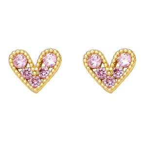 Detail of gold heart stud earrings featuring pink zircon stones and beaded edges