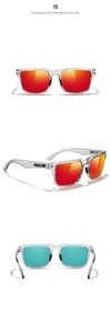 Multiple angles of square polarized sunglasses with transparent gray frames and red lenses