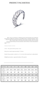 Detailed size chart showing ring size, diameter, and finger circumference for 925 silver ring