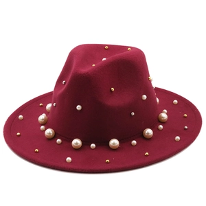 Elegant wine red wool felt fedora hat featuring pearl and gold rivet decorations for women