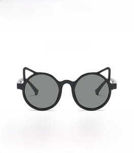 Front view of cute cat-ear kids sunglasses with black frames and gray UV protection lenses