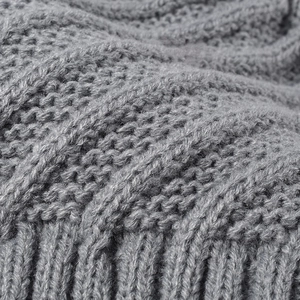 Thick grey jacquard knit beanie with ribbed texture and warm fleece lining for winter