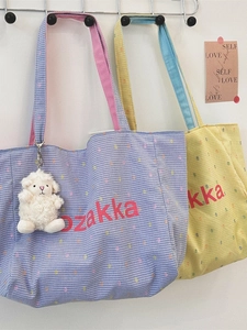 Japanese style checkered canvas tote bag with contrast handles and sheep charm pendant