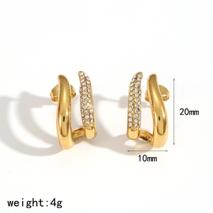Detail view of gold stainless steel hoop earrings with double row paved rhinestones